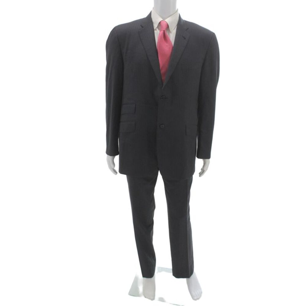 Burberry Mens 2 Piece Suit Gray Striped Wool Classic Size L